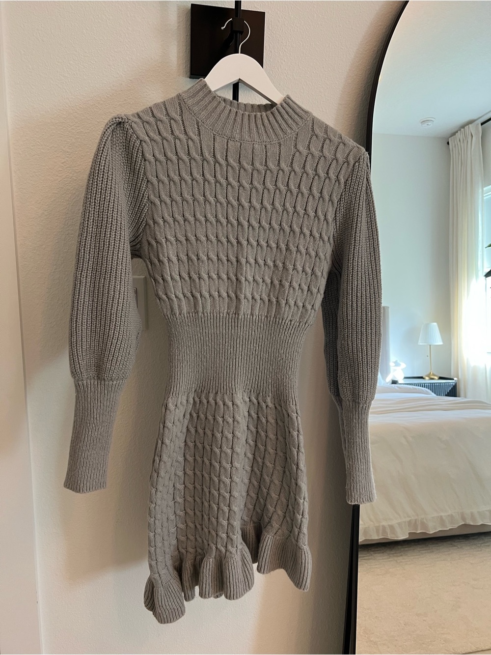 Cable-Knit Mock Neck Sweater Dress - Gray